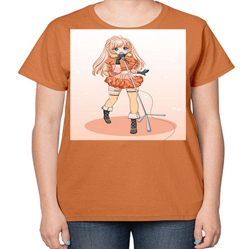 Happy and beautiful singer woman with microphone 160# - anime-  Ladies T-Shirt