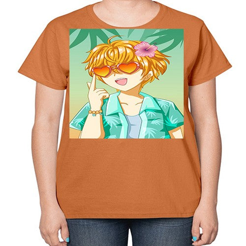 Happy and cute boy with glasses in beach in the summer 180# - anime-  Ladies T-Shirt