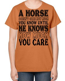 a horse doesnt care how much you know until - horse-  Ladies T-Shirt
