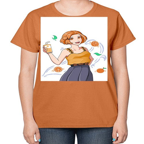 cute anime summer girl with orange juice28# - anime-  Ladies T-Shirt