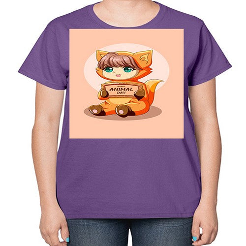 Cute girl with animal costume in animal day text 137# - anime-  Ladies T-Shirt