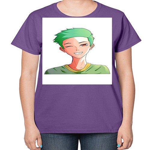 Handsome boy green hair wearing green shirt 35# - anime-  Ladies T-Shirt