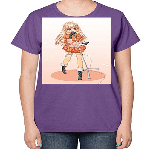 Happy and beautiful singer woman with microphone 160# - anime-  Ladies T-Shirt