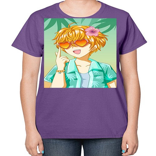 Happy and cute boy with glasses in beach in the summer 180# - anime-  Ladies T-Shirt