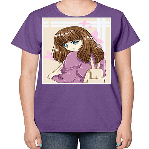 Happy and pretty college student carrying a bag 102# - anime-  Ladies T-Shirt