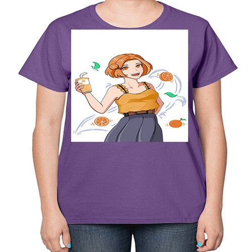 cute anime summer girl with orange juice28# - anime-  Ladies T-Shirt