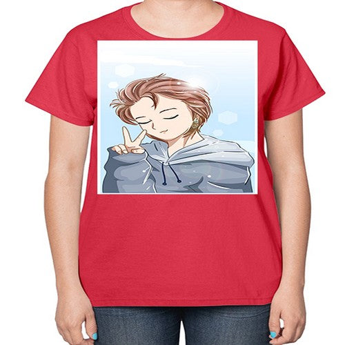 Cute boy brown hair with blue jacket 126# - anime-  Ladies T-Shirt