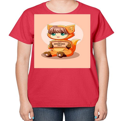 Cute girl with animal costume in animal day text 137# - anime-  Ladies T-Shirt
