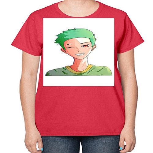 Handsome boy green hair wearing green shirt 35# - anime-  Ladies T-Shirt