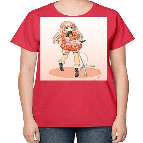 Happy and beautiful singer woman with microphone 160# - anime-  Ladies T-Shirt