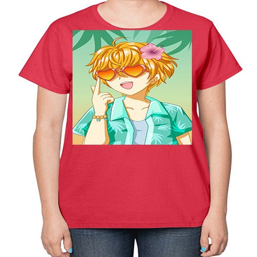 Happy and cute boy with glasses in beach in the summer 180# - anime-  Ladies T-Shirt