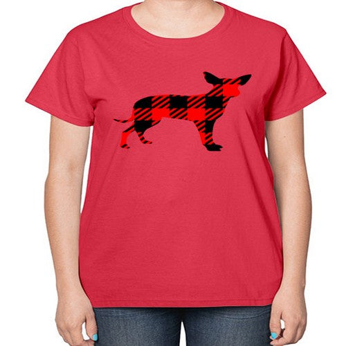 buffalo plaid pointed ear dog 64# - dogs-  Ladies T-Shirt