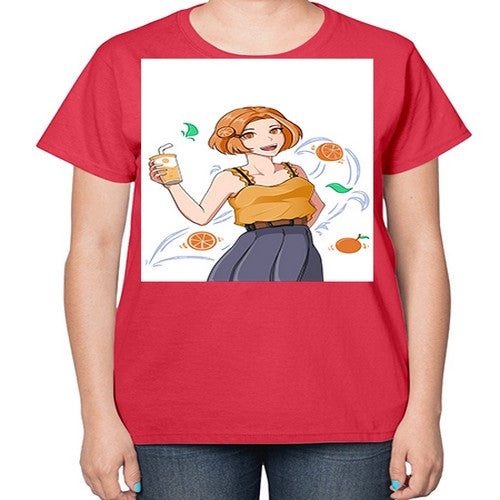 cute anime summer girl with orange juice28# - anime-  Ladies T-Shirt