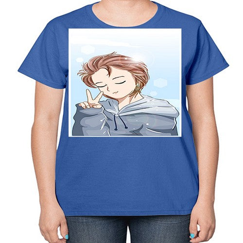 Cute boy brown hair with blue jacket 126# - anime-  Ladies T-Shirt