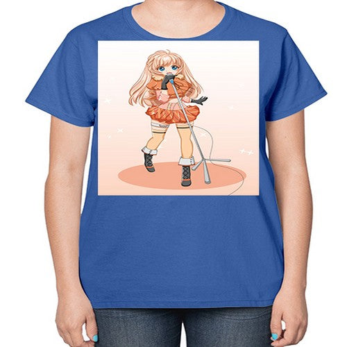Happy and beautiful singer woman with microphone 160# - anime-  Ladies T-Shirt