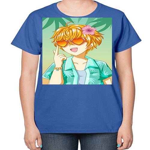Happy and cute boy with glasses in beach in the summer 180# - anime-  Ladies T-Shirt