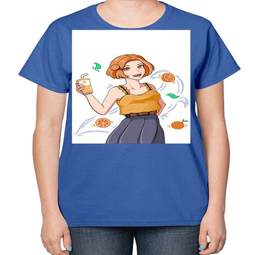 cute anime summer girl with orange juice28# - anime-  Ladies T-Shirt
