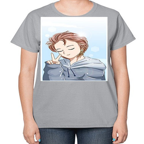 Cute boy brown hair with blue jacket 126# - anime-  Ladies T-Shirt