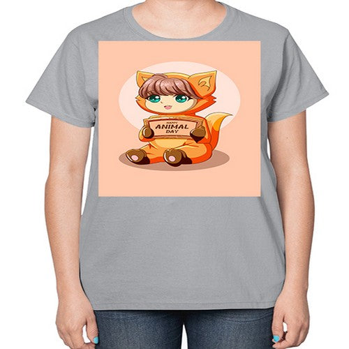 Cute girl with animal costume in animal day text 137# - anime-  Ladies T-Shirt