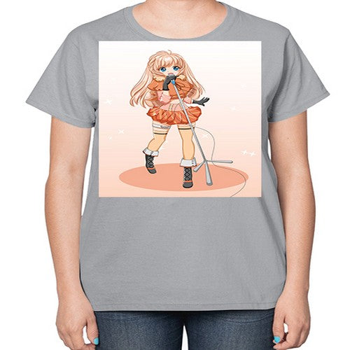 Happy and beautiful singer woman with microphone 160# - anime-  Ladies T-Shirt