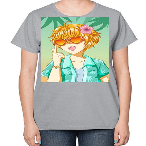 Happy and cute boy with glasses in beach in the summer 180# - anime-  Ladies T-Shirt