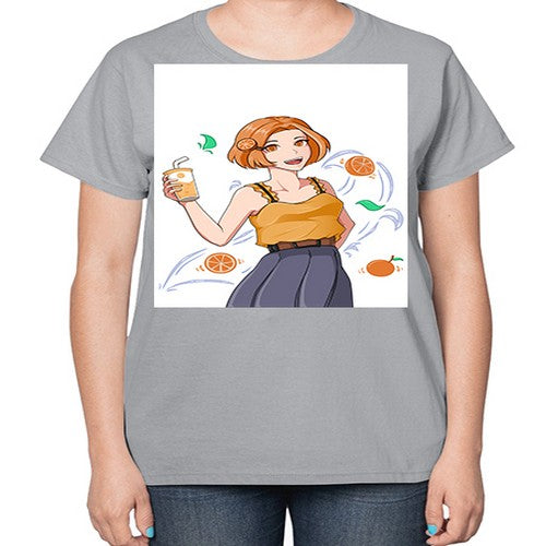 cute anime summer girl with orange juice28# - anime-  Ladies T-Shirt