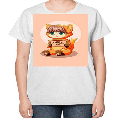 Cute girl with animal costume in animal day text 137# - anime-  Ladies T-Shirt