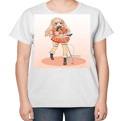 Happy and beautiful singer woman with microphone 160# - anime-  Ladies T-Shirt