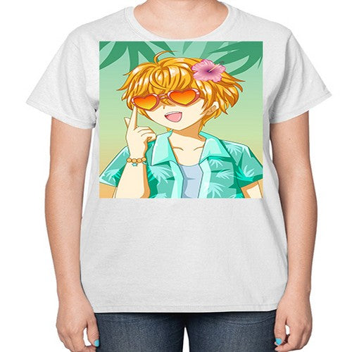 Happy and cute boy with glasses in beach in the summer 180# - anime-  Ladies T-Shirt