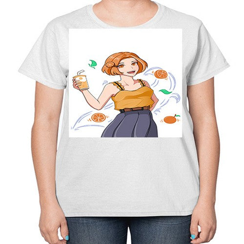 cute anime summer girl with orange juice28# - anime-  Ladies T-Shirt