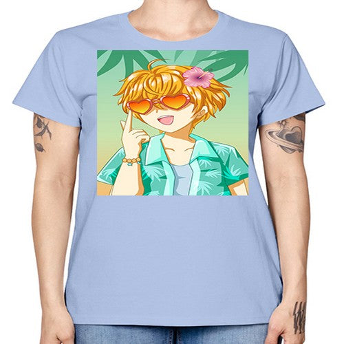 Happy and cute boy with glasses in beach in the summer 180# - anime -  Missy T-Shirt