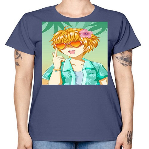 Happy and cute boy with glasses in beach in the summer 180# - anime -  Missy T-Shirt