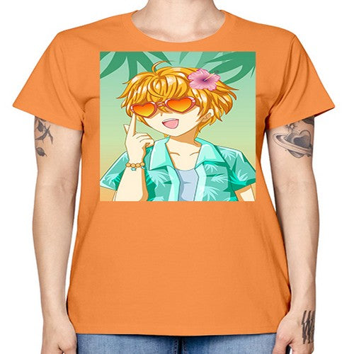 Happy and cute boy with glasses in beach in the summer 180# - anime -  Missy T-Shirt