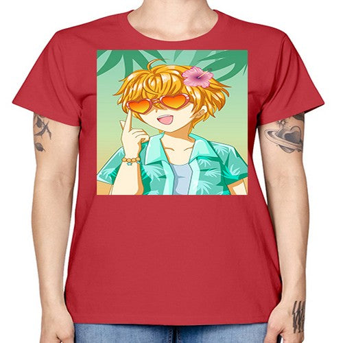 Happy and cute boy with glasses in beach in the summer 180# - anime -  Missy T-Shirt