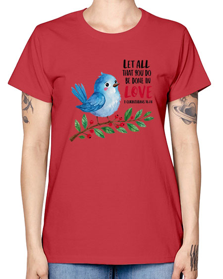 let all that you do be done in love 57# - birds -  Missy T-Shirt