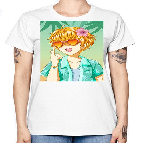 Happy and cute boy with glasses in beach in the summer 180# - anime -  Missy T-Shirt