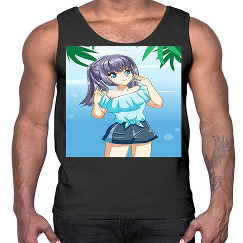 Cute and happy girl with blue shirt in summer 125#- anime- Cotton Tank