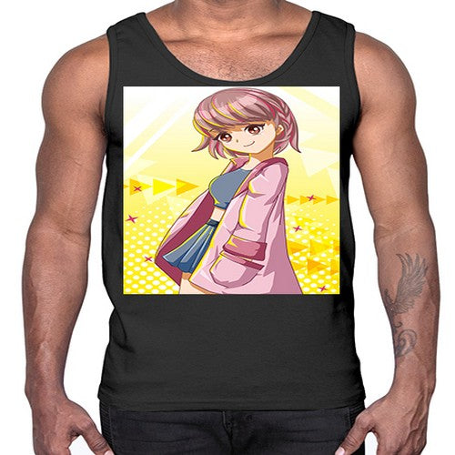 Cute and happy girl with pink coat 111#- anime- Cotton Tank