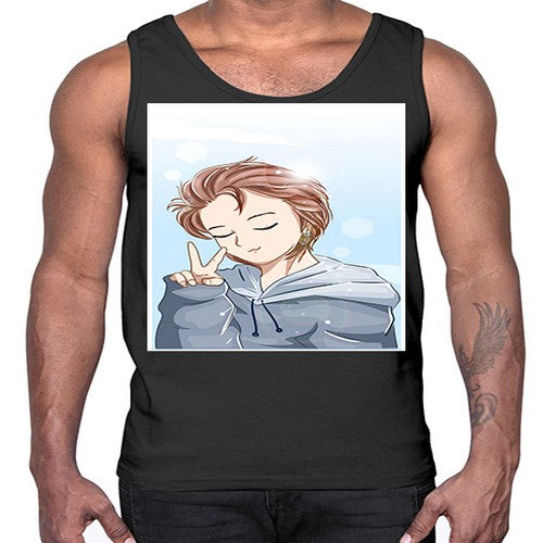 Cute boy brown hair with blue jacket 126#- anime- Cotton Tank