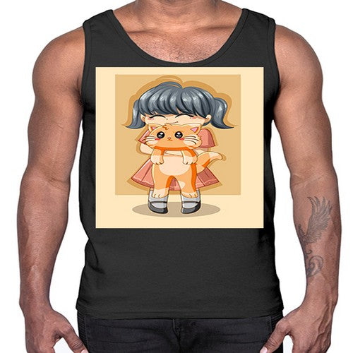 Cute girl with cat animal day 135#- anime- Cotton Tank