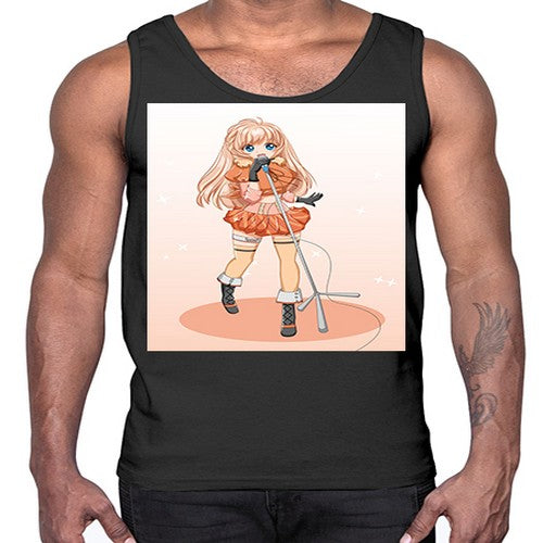 Happy and beautiful singer woman with microphone 160#- anime- Cotton Tank
