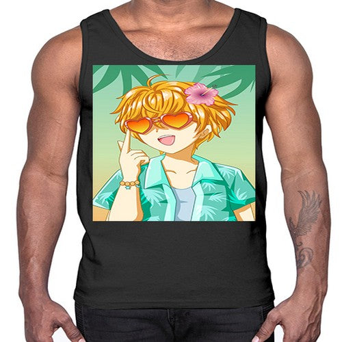 Happy and cute boy with glasses in beach in the summer 180#- anime- Cotton Tank