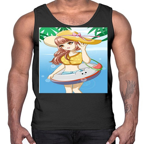 Happy and funny girl in beach with cute buoy in the summer 11#- anime- Cotton Tank