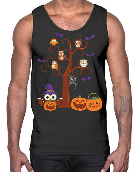 Owl With Pumpkin Halloween Tree A TurtleRabbit 16#- owl- Cotton Tank