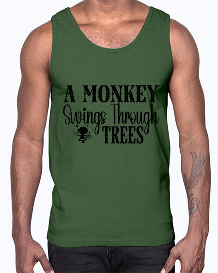 A monkey swings through trees - monkey- Cotton Tank
