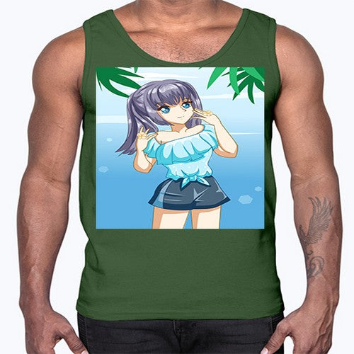 Cute and happy girl with blue shirt in summer 125#- anime- Cotton Tank