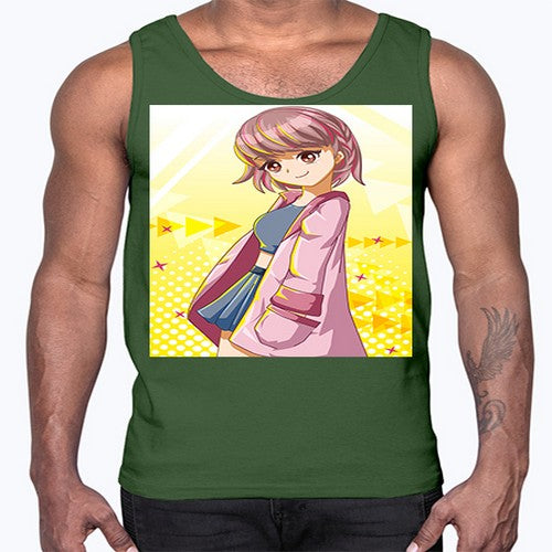 Cute and happy girl with pink coat 111#- anime- Cotton Tank