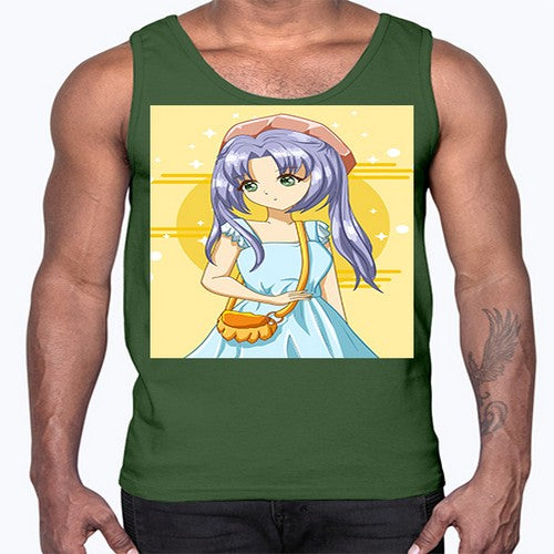Cute and soft girl blue hair with blue dress in summer holiday 60#- anime- Cotton Tank
