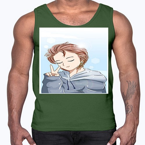 Cute boy brown hair with blue jacket 126#- anime- Cotton Tank