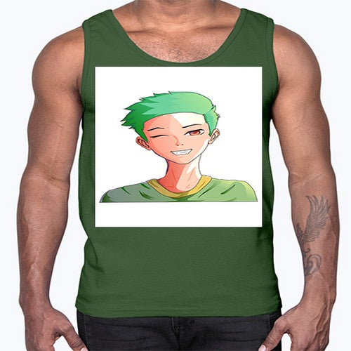 Handsome boy green hair wearing green shirt 35#- anime- Cotton Tank